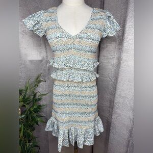 NEW Reset by Jane Floral Print Smocked Ruffle Dress in Mint Sz S